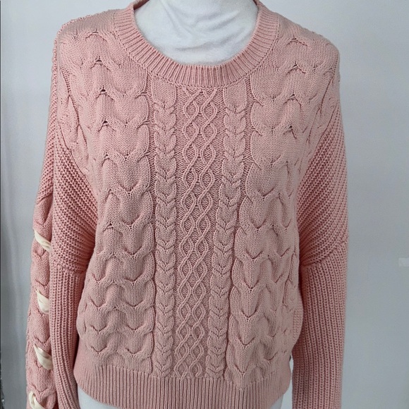 Altar'd State Millie Bow Sleeve Sweater Pink Cable Knit Ribbons Size Medium - Picture 7 of 11